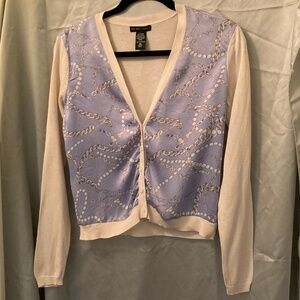 Silk Cardigan New York & Company Blue Cream with Chain Design Size XS EUC